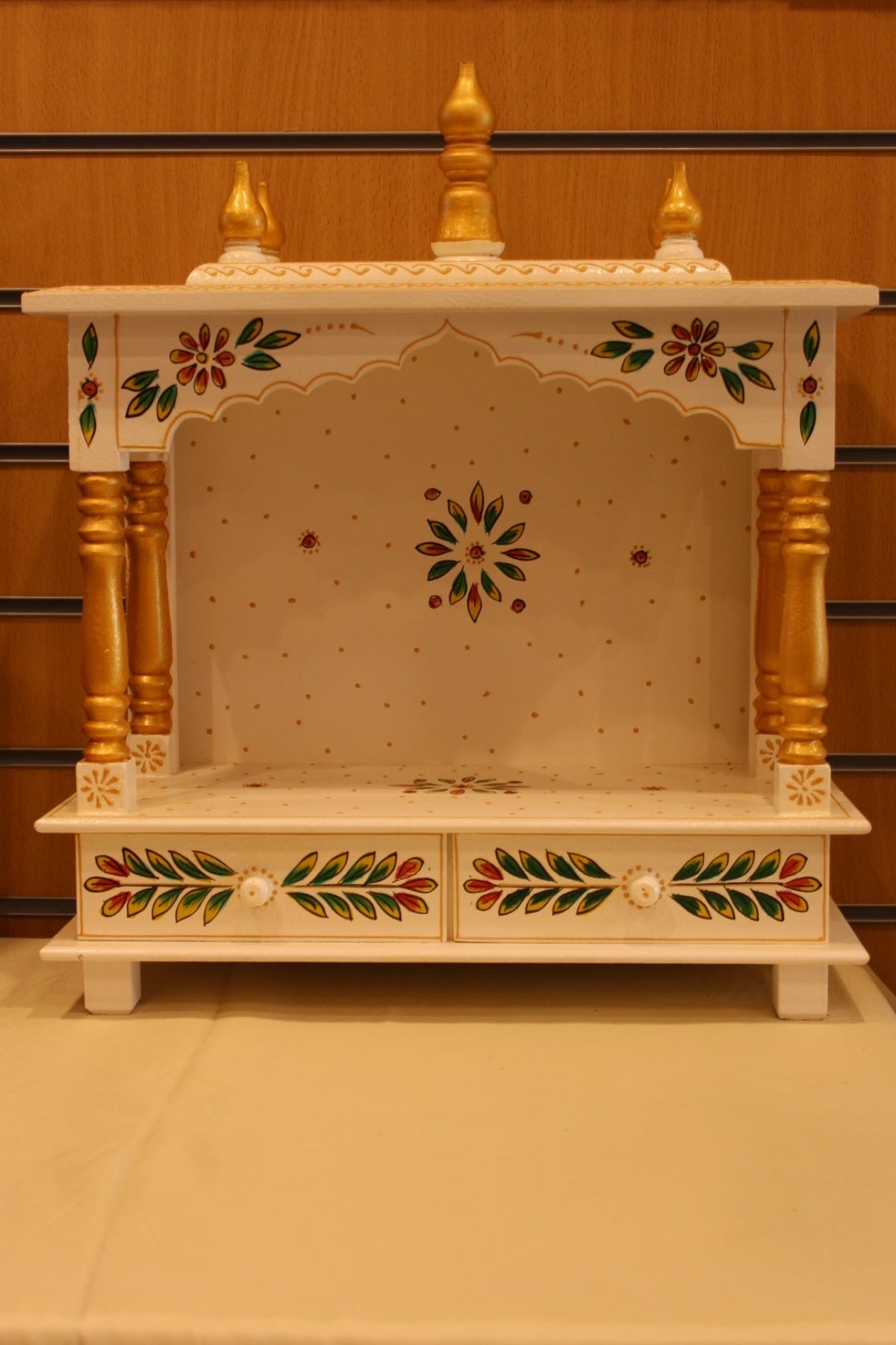 Open Front Jaipuri Mandir in white & green leaf art, front view