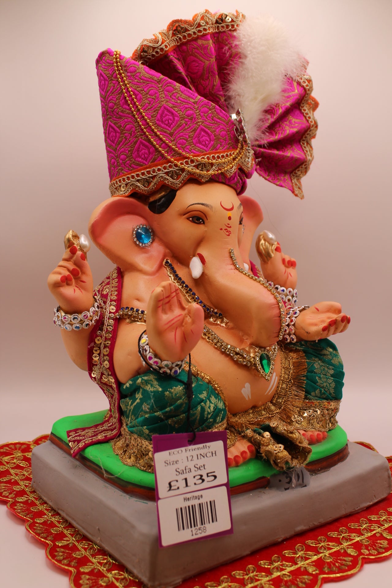 Eco-Friendly Ganesh Visarjan idol, Full Safa Set Magenta & Teal, front view 2