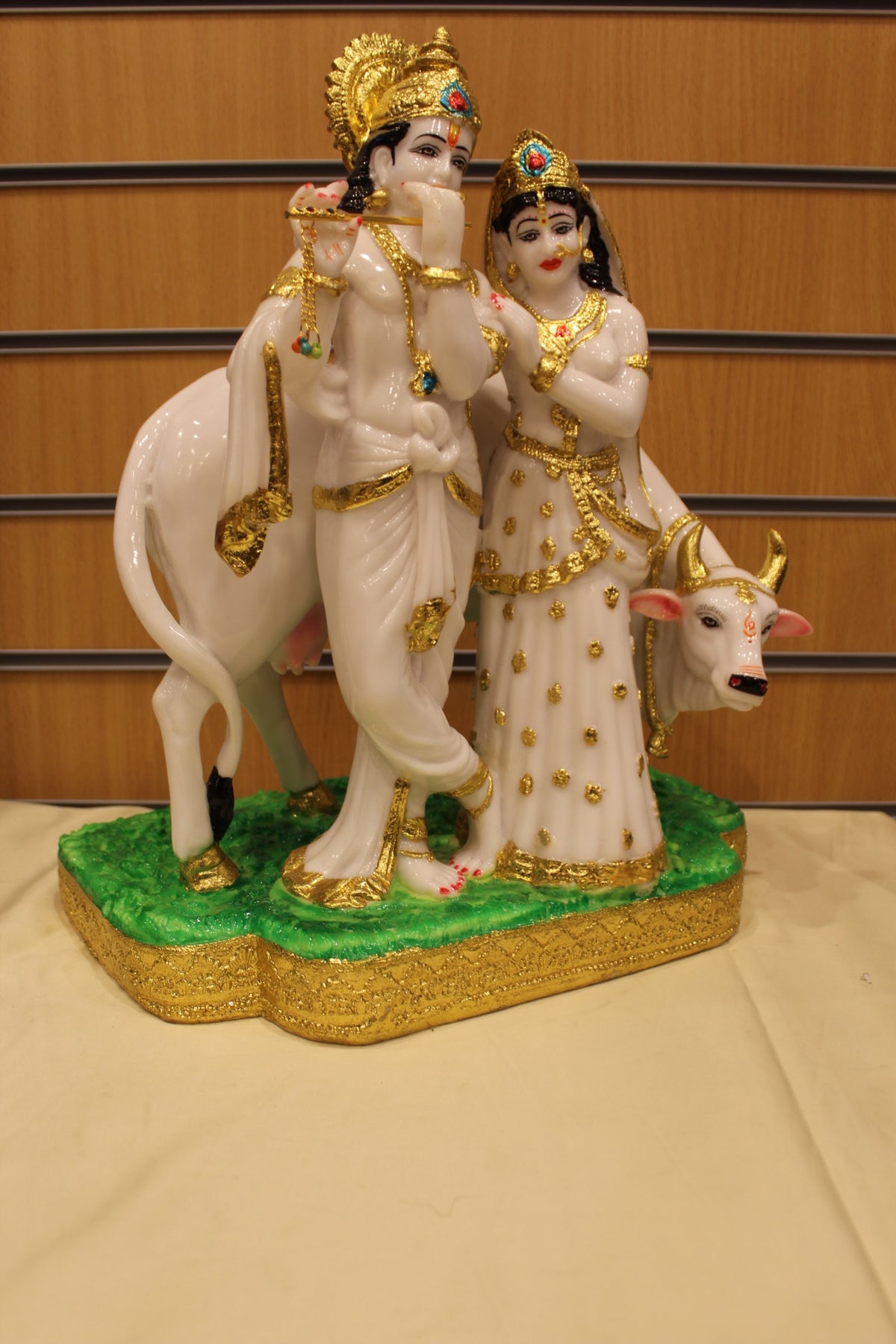 Resin/Fibre Radha Krishna with Cow Statue for Home Temple – White & Gold, 17 inch – left side view
