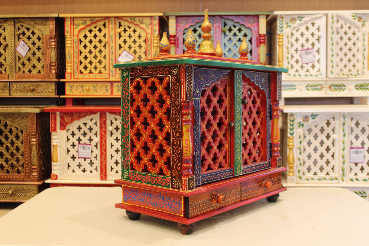 Jaipuri Mandir with Doors in red & navy, angled side view