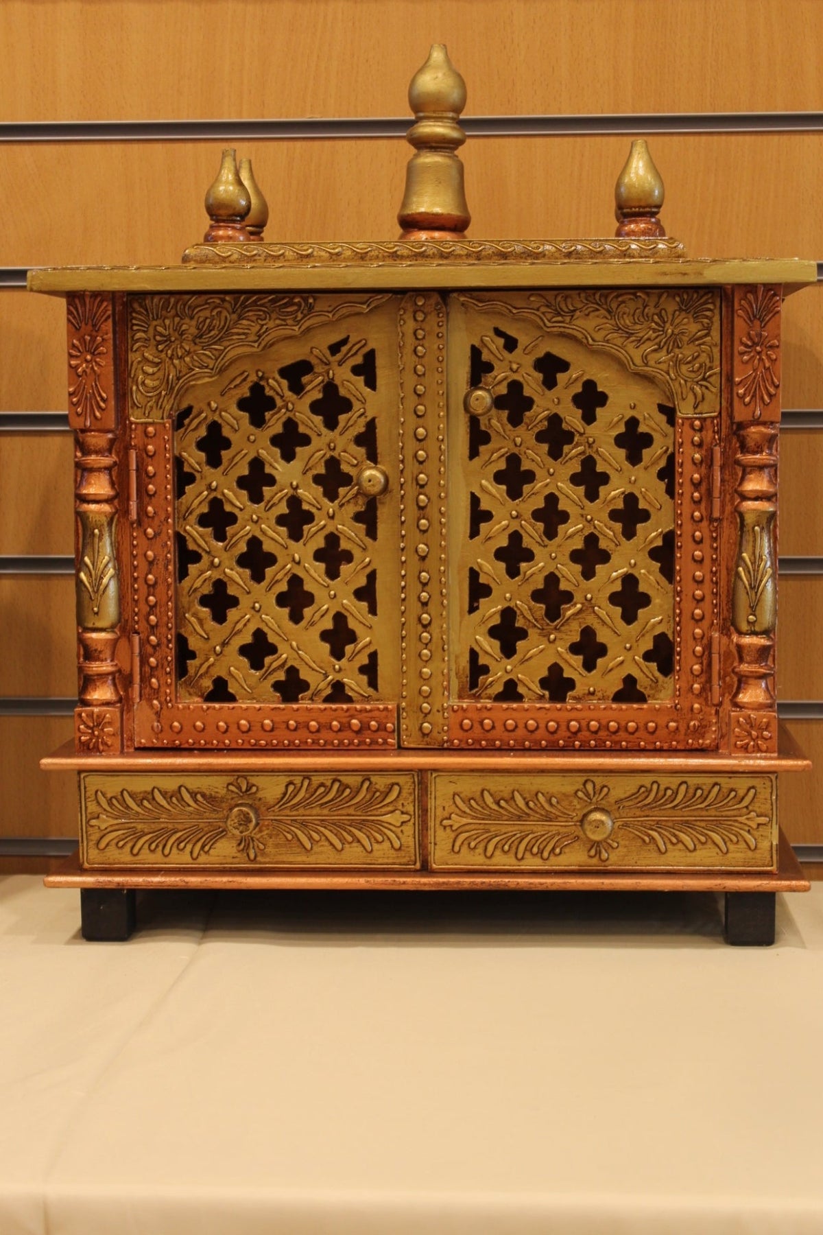 Jaipuri Mandir with Doors in bronze & gold, front view