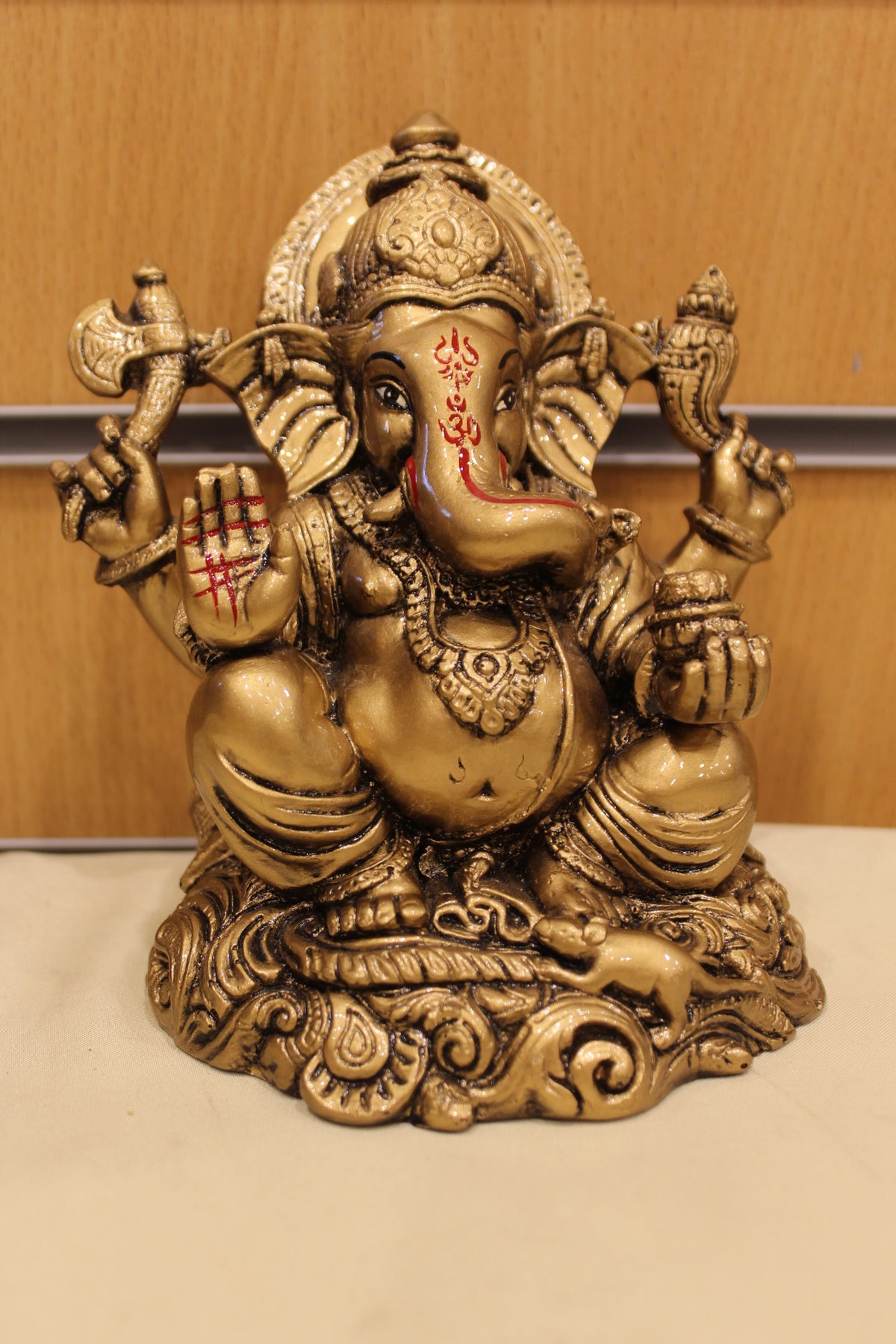 Resin/Fibre Ganesh Statue – Antique Gold, Small, 6 to 7 inch – Seated on Clouds – 6 inch – front view