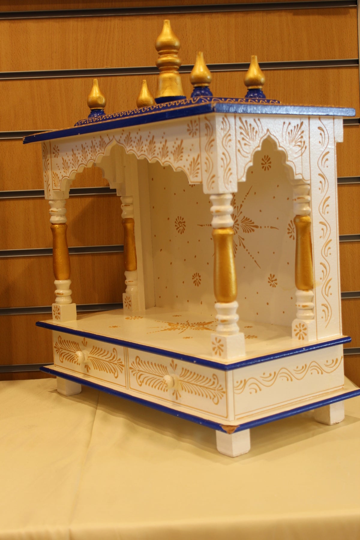 Open Front Jaipuri Mandir in white & navy, angled side view from the other side