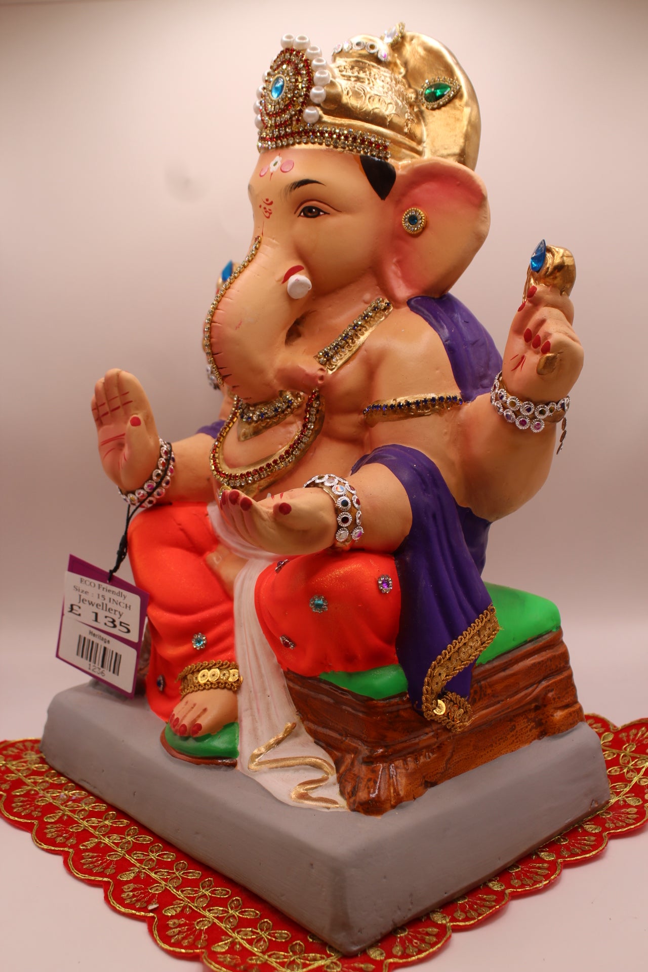 Eco-Friendly Ganesh Visarjan idol, Jewellery Style Purple Khes & Orange Dhoti, close-up