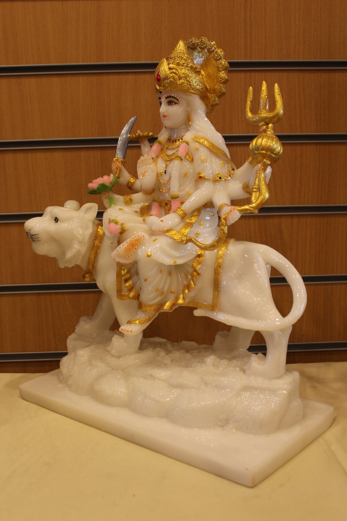 Resin/Fibre Ambe Maa Statue for Home Temple – White & Gold on Tiger, 17 inch – right side view