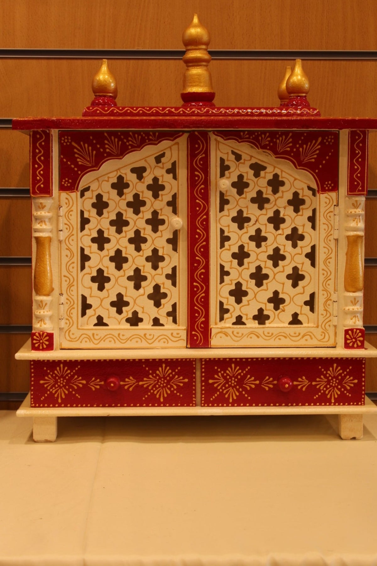 Jaipuri Mandir with Doors in white & red, front view