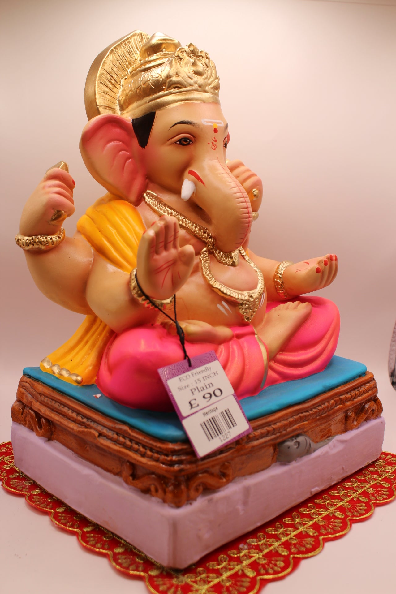 Eco-Friendly Ganesh Visarjan idol, Saffron Khes & Pink Dhoti, Turquoise Seat, side view