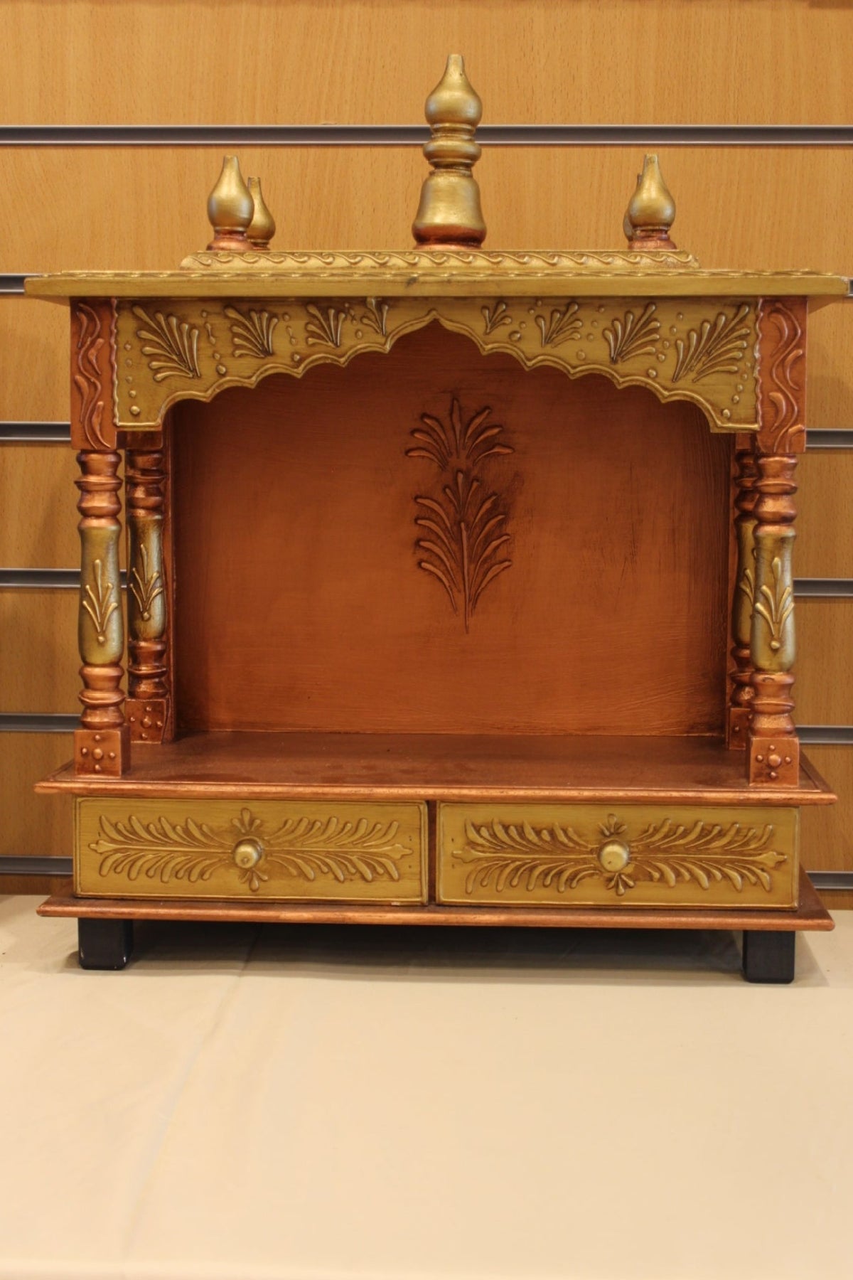 Open Front Jaipuri Mandir in golden bronze, front view