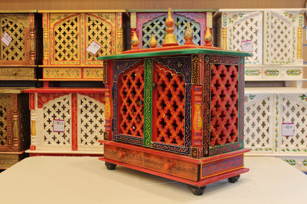Jaipuri Mandir with Doors in red & navy, angled side view from the other side