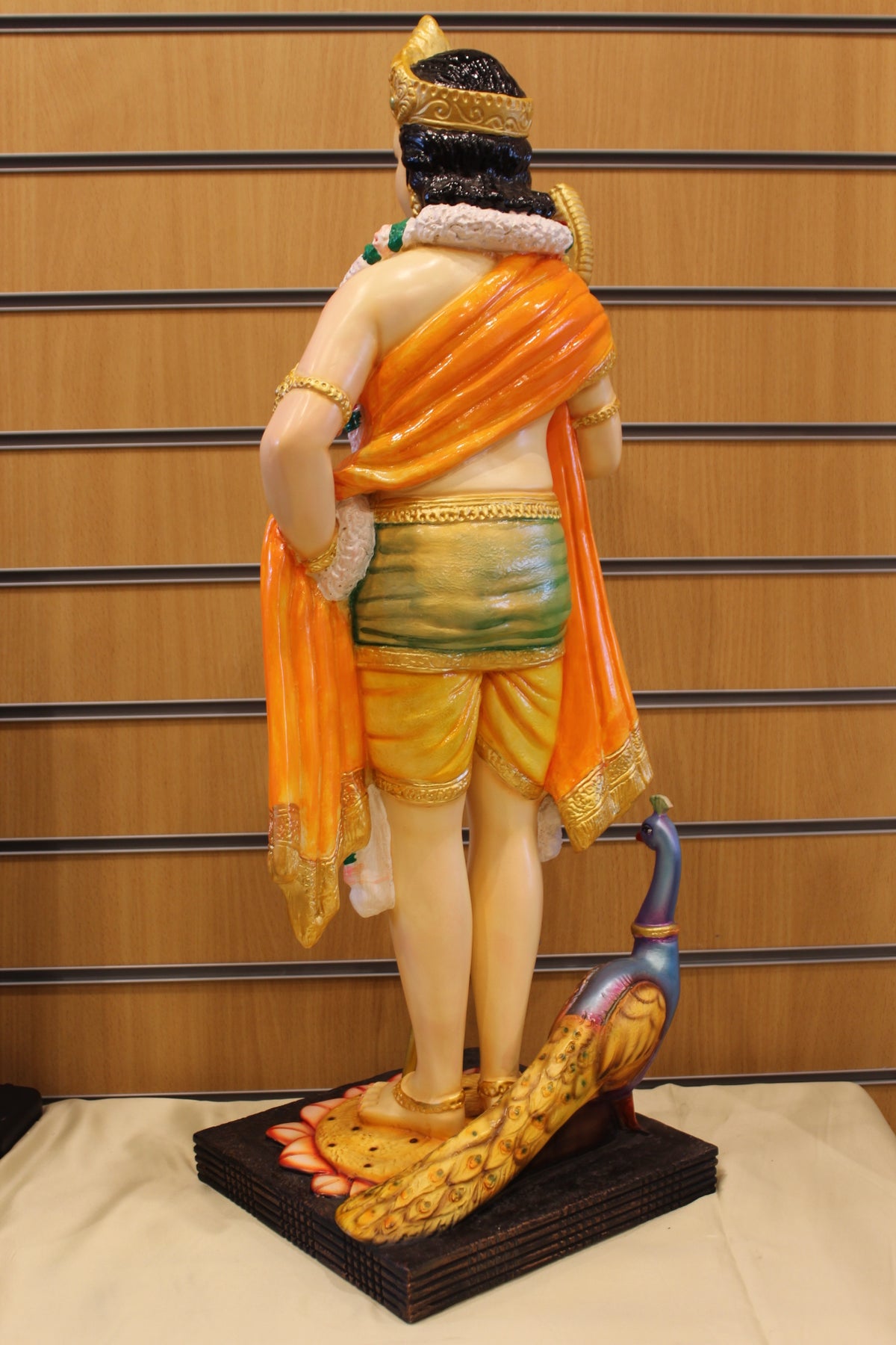 Resin/Fibre Murugan Statue for Home Temple – Standing with Vel and Peacock, 29 inch – Painted – back view
