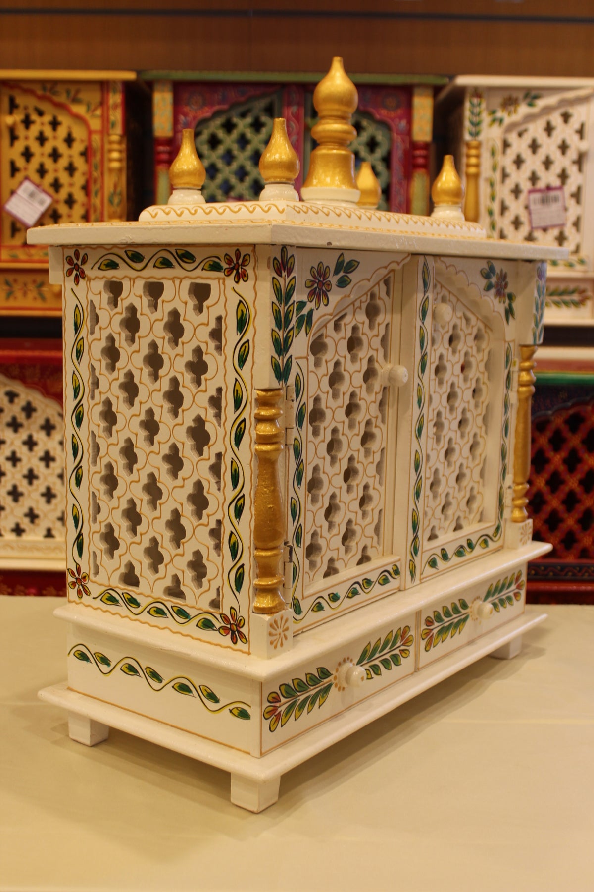 Jaipuri Mandir with Doors in white, green leaf art, left side view