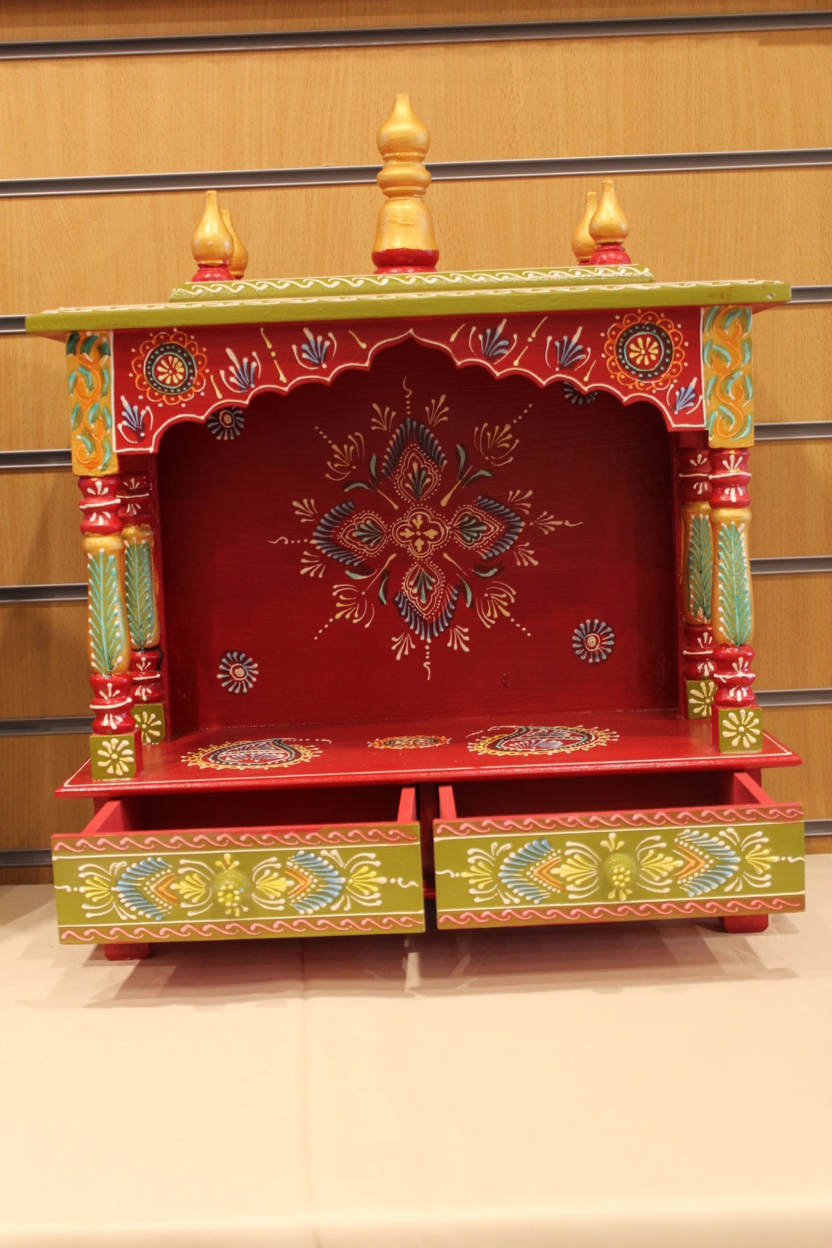 Open Front Jaipuri Mandir in red & green, drawers open
