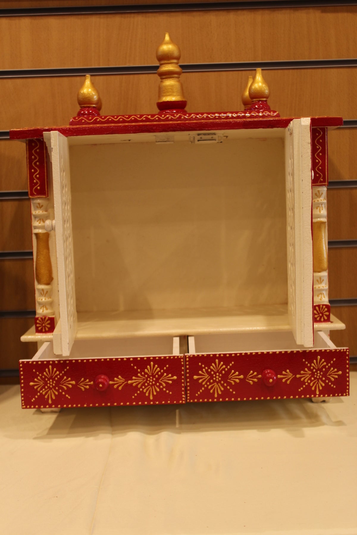 Jaipuri Mandir with Doors in white & red, doors and drawers open