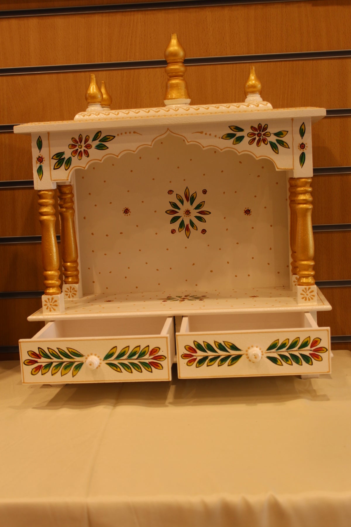 Open Front Jaipuri Mandir in white & green leaf art, drawers open