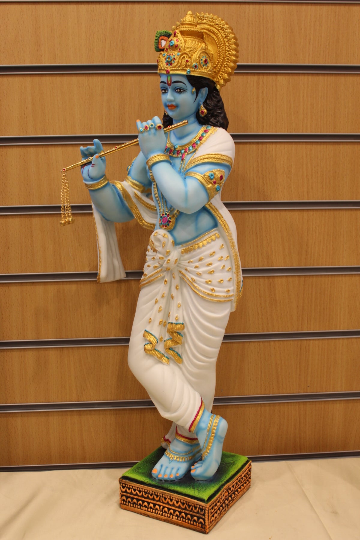 Resin/Fibre Krishna Statue for Home Temple – Playing Flute, 25 inch – Blue Krishna, White Dhoti – right side view