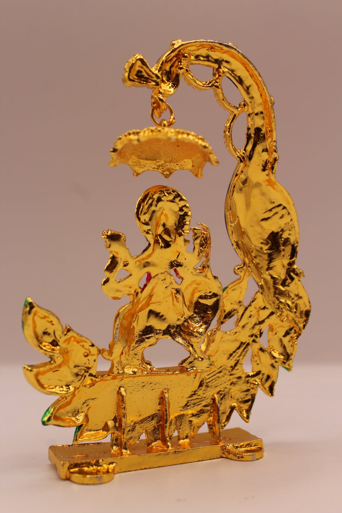 Durga Maa Murti with Peacock – Colourful Metal, 4.5 inch – back view