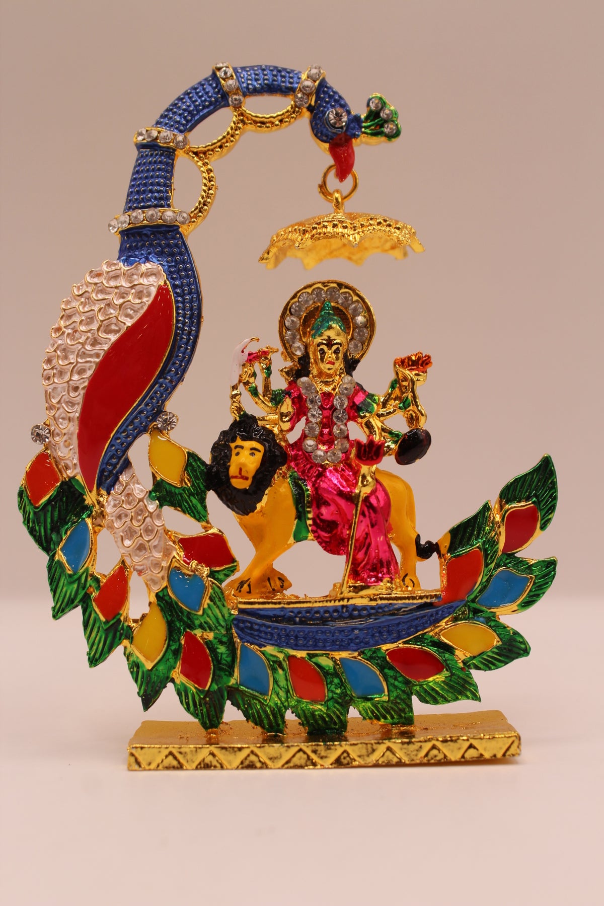 Durga Maa Murti with Peacock – Colourful Metal, 4.5 inch – front view