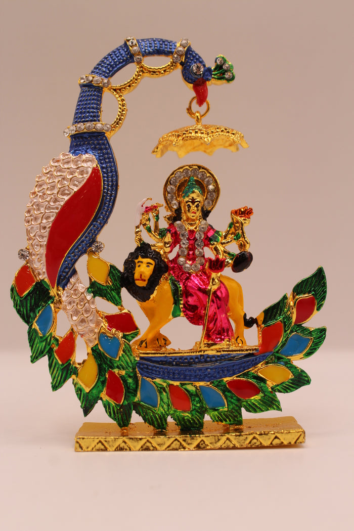 Durga Maa Murti with Peacock – Colourful Metal, 4.5 inch – front view