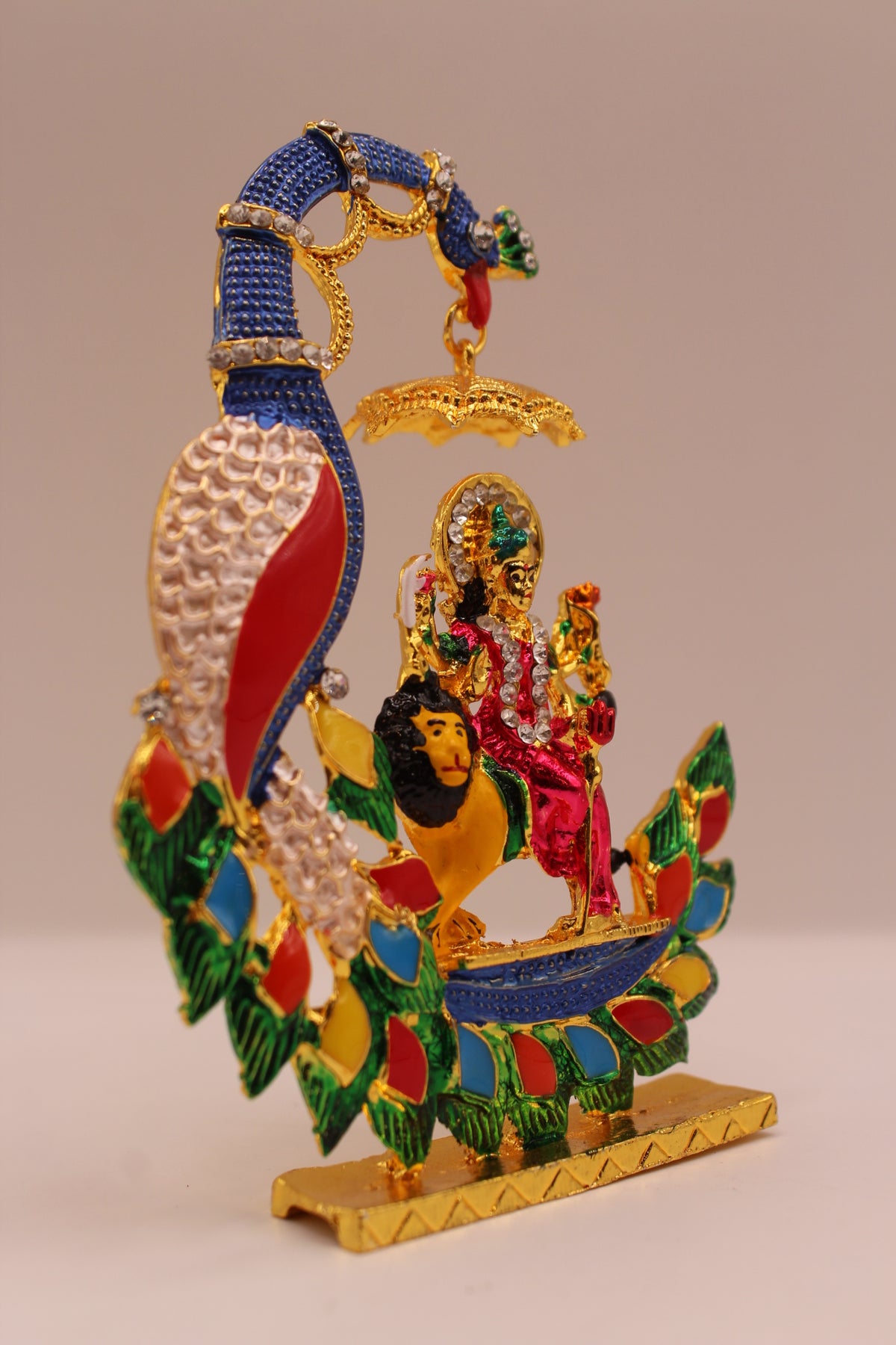 Durga Maa Murti with Peacock – Colourful Metal, 4.5 inch – left side view