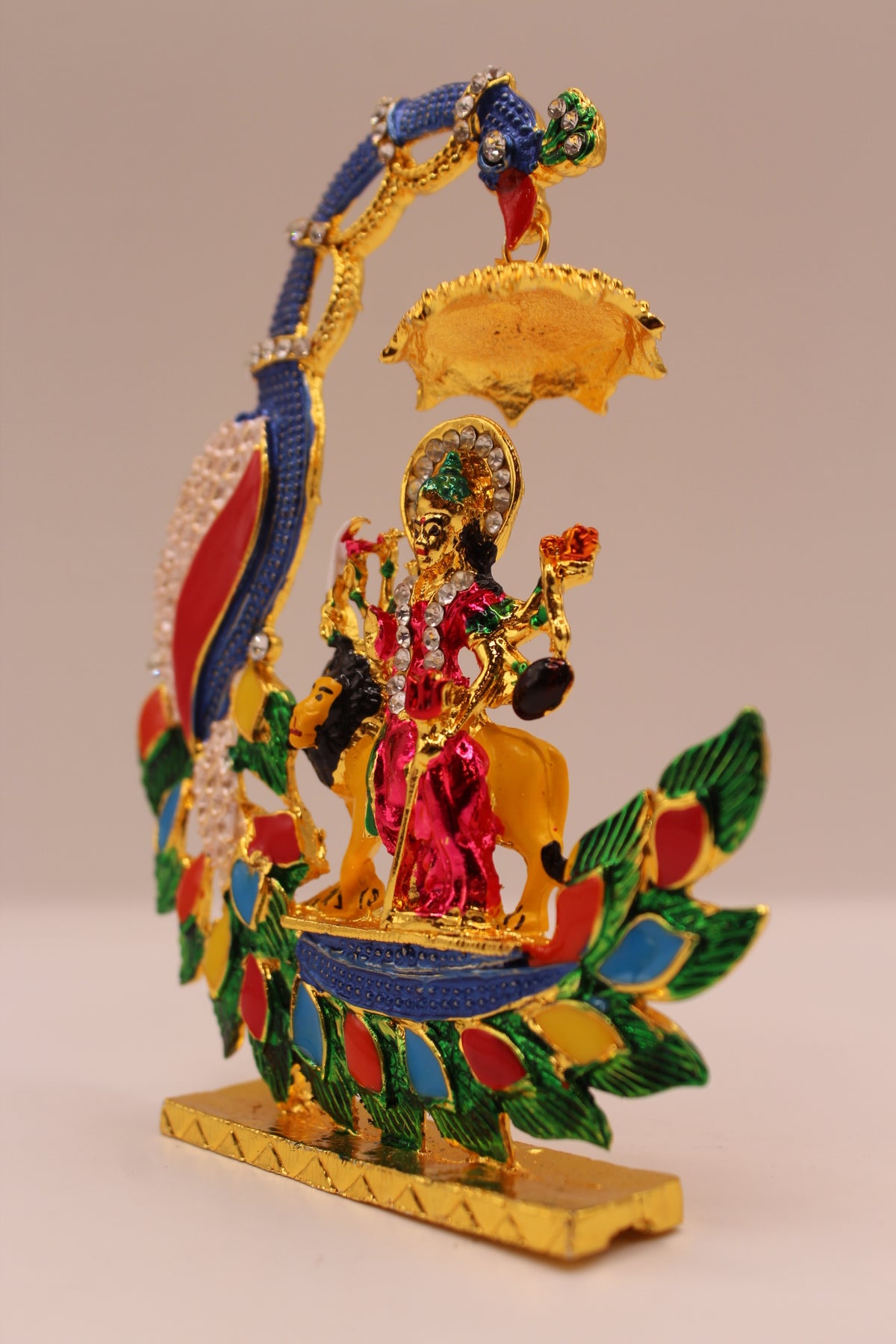 Durga Maa Murti with Peacock – Colourful Metal, 4.5 inch – right side view
