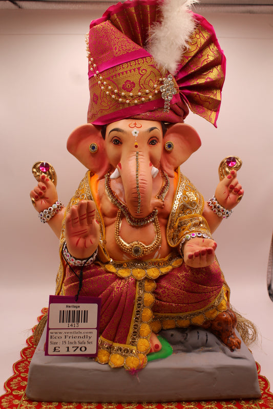 15 inch eco-friendly Ganesh idol – rani pink safa with gold shawl and maroon dhoti, front