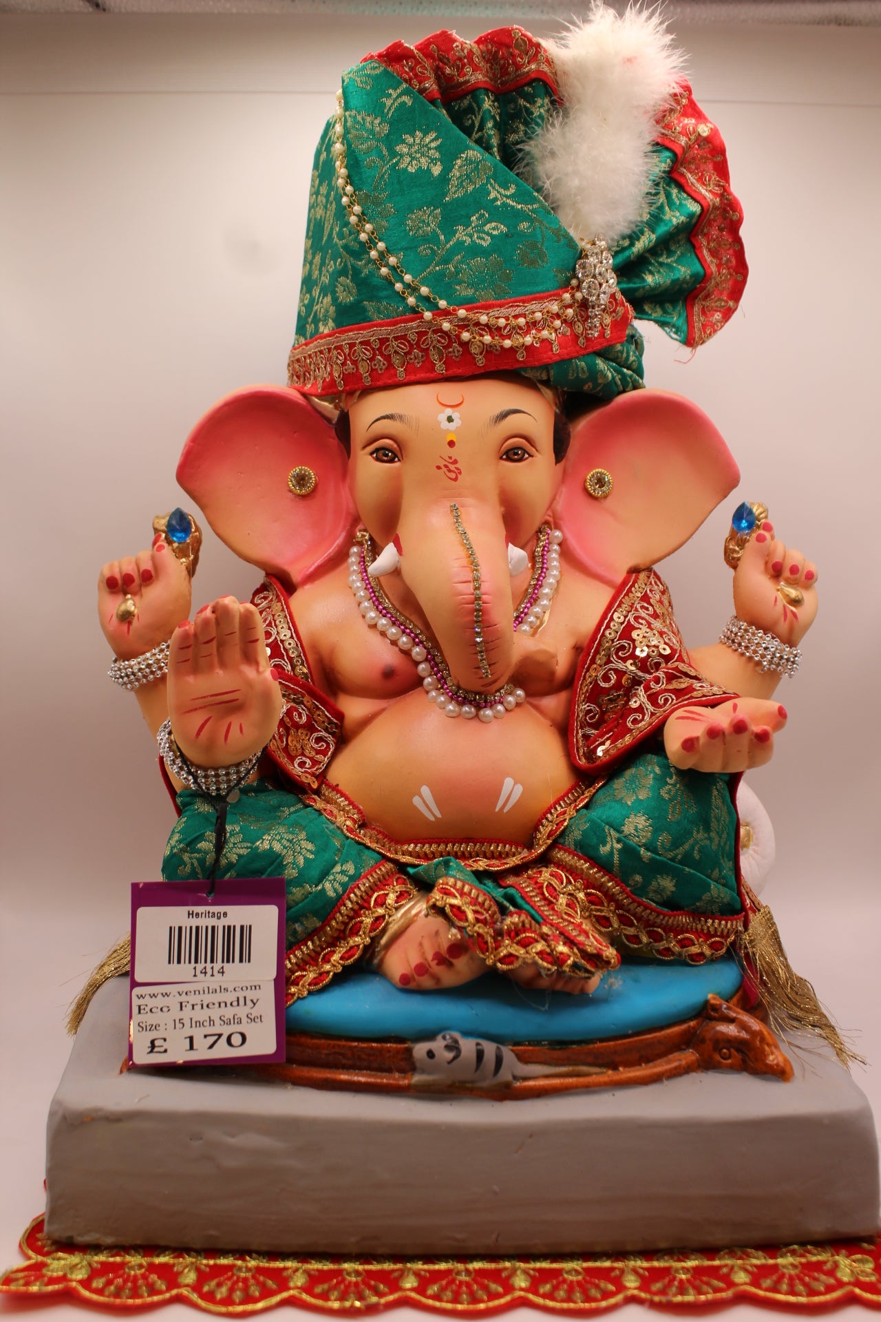 15 inch eco-friendly Ganesh idol – emerald green brocade safa set, front