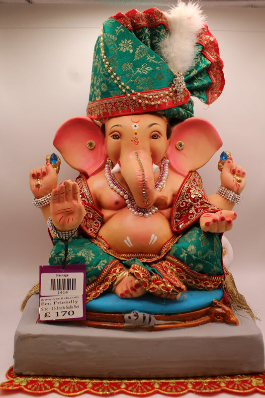 15 inch eco-friendly Ganesh idol – emerald green brocade safa set, front