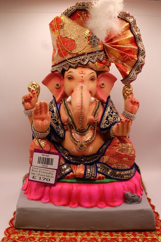 15 inch eco-friendly Ganesh idol – coral floral safa with navy sequin shawl on pink lotus mat, front