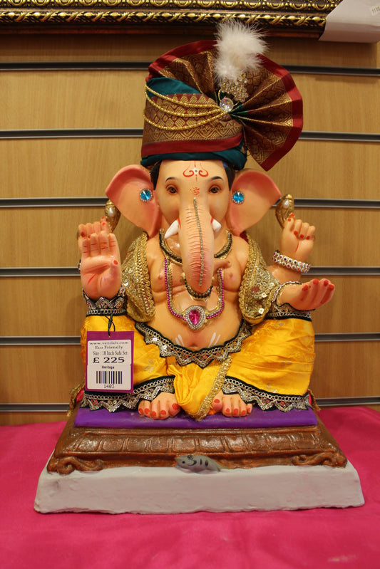 18 inch eco-friendly Ganesh idol – copper shot-silk safa with yellow silk dhoti, front