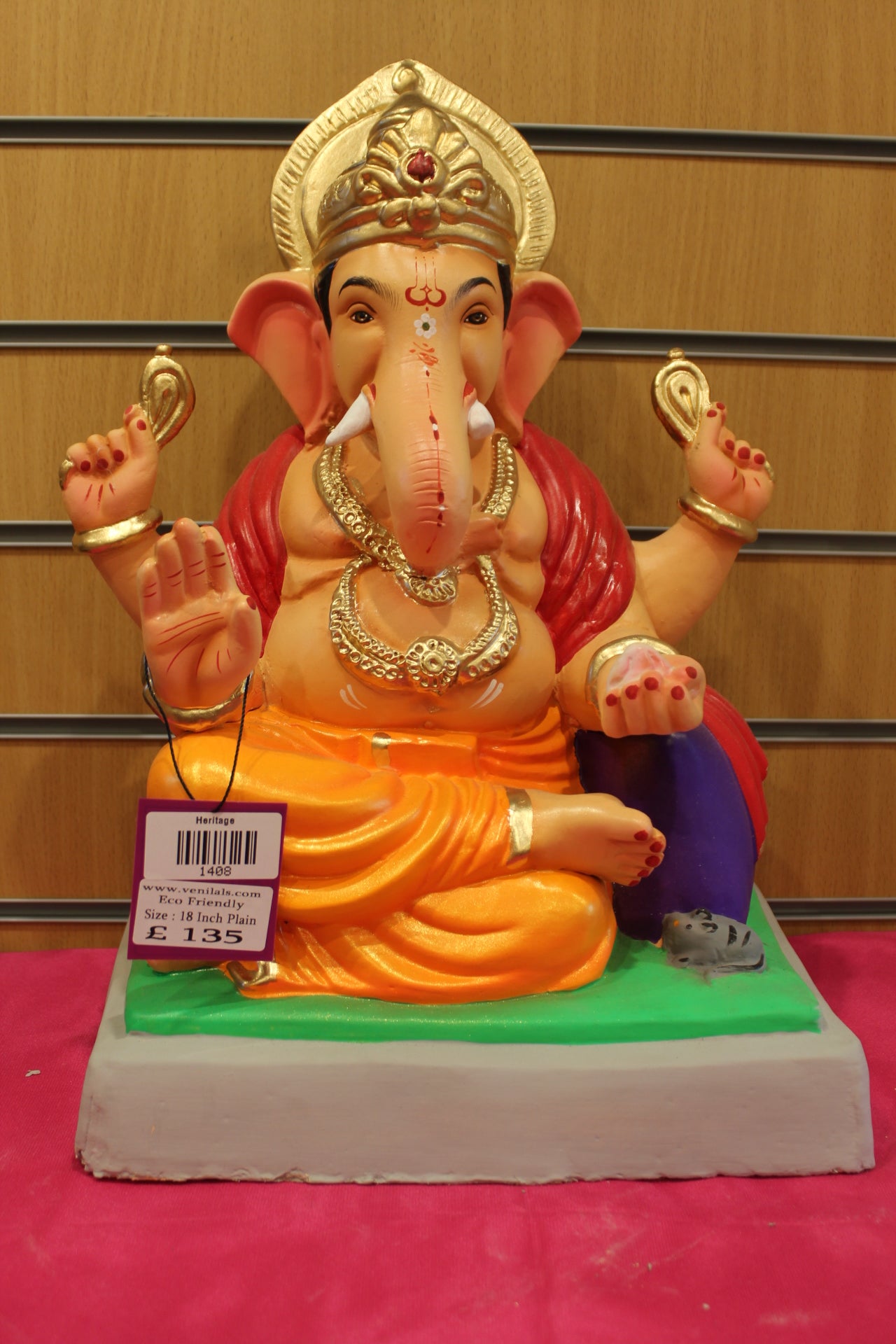 18 inch eco-friendly Ganesh idol – red khes and orange dhoti with purple bolster, front