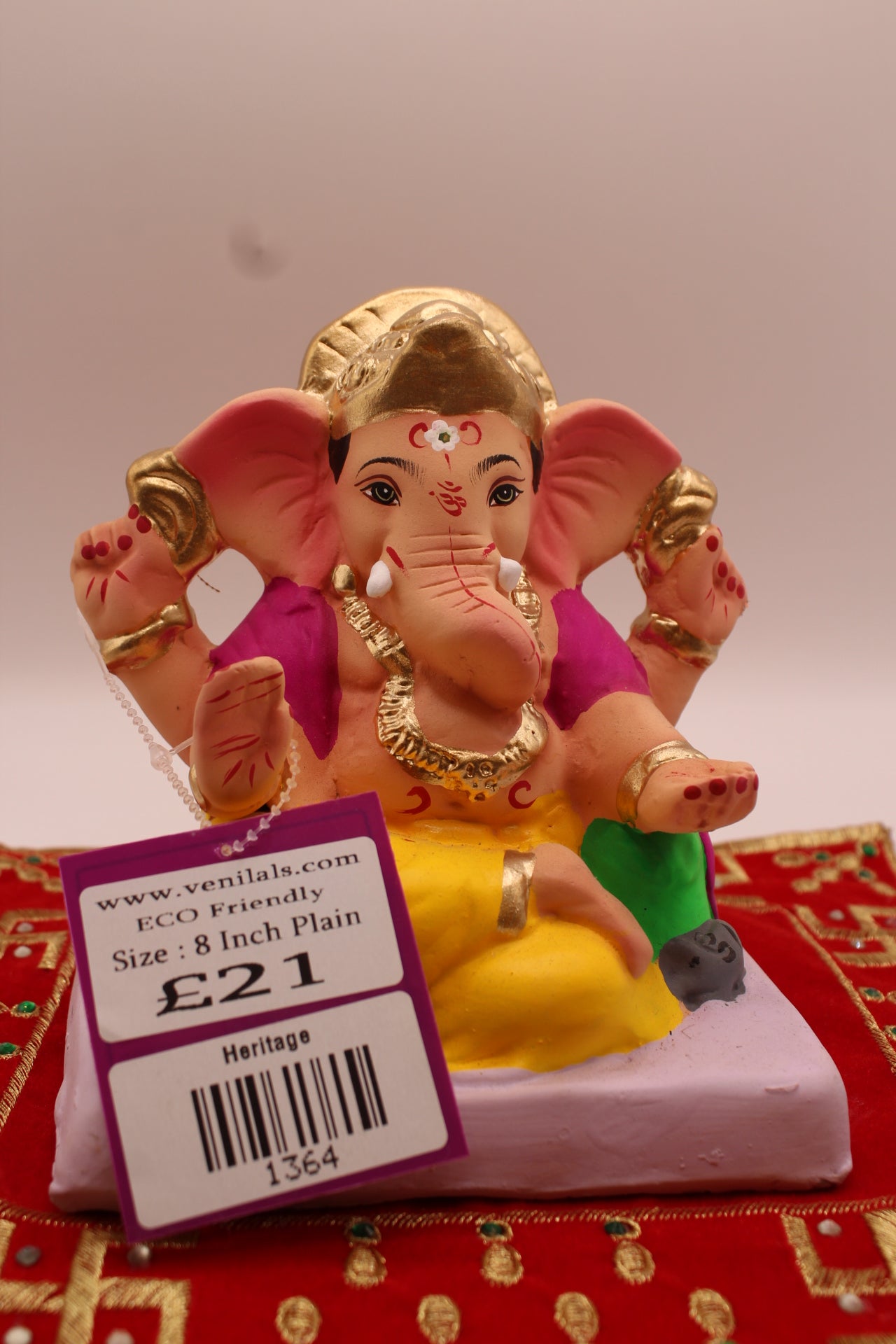 6 inch eco-friendly Ganesh idol with tall ribbed gold pagdi, front