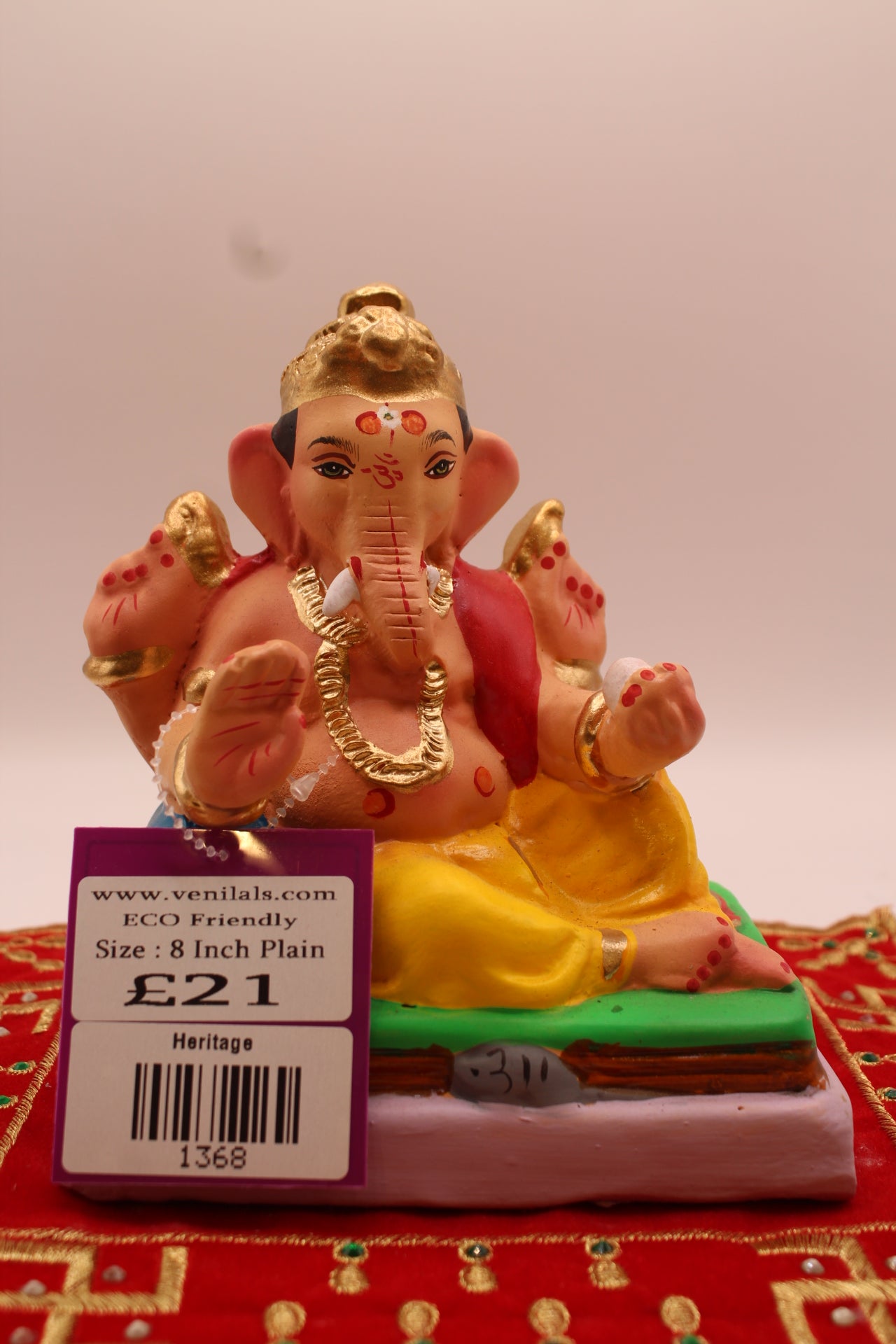 6 inch eco-friendly Ganesh idol with crimson khes, front