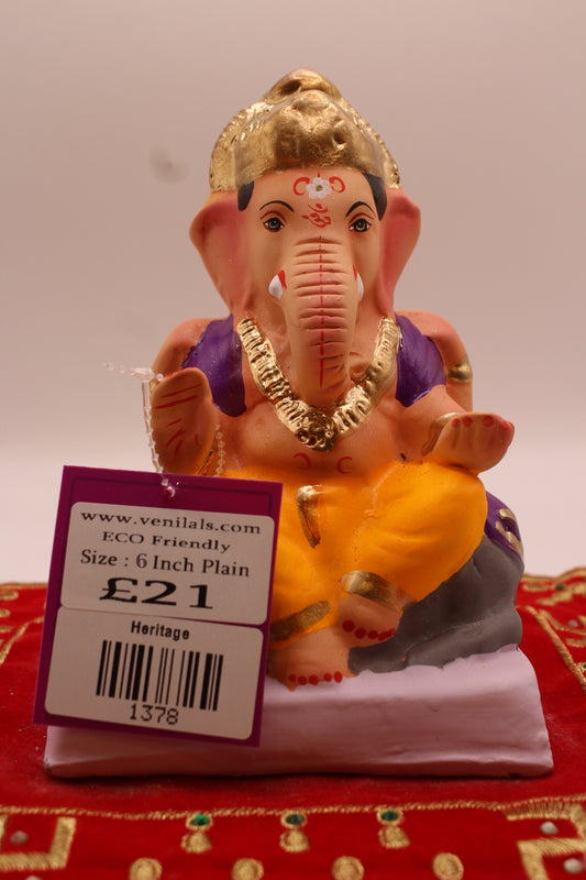 6 inch eco-friendly Ganesh idol with violet khes on the mushak, front