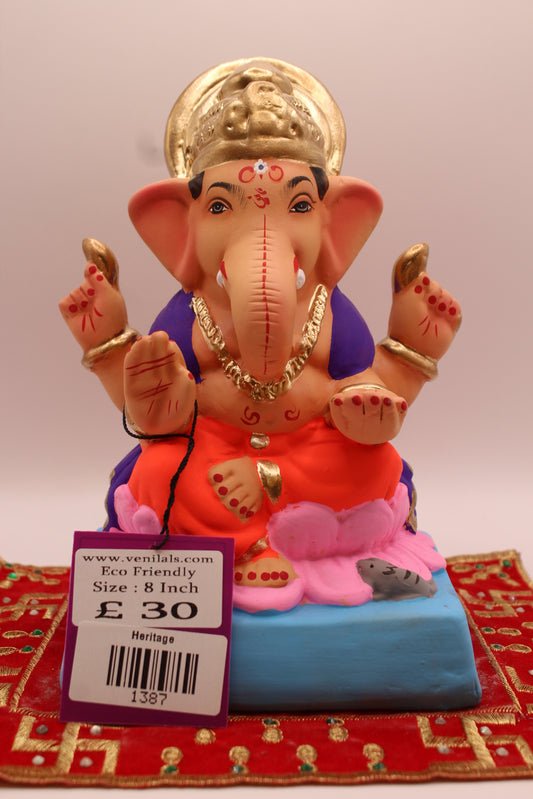 8 inch eco-friendly Ganesh idol – purple khes and orange dhoti on a pink lotus base, front
