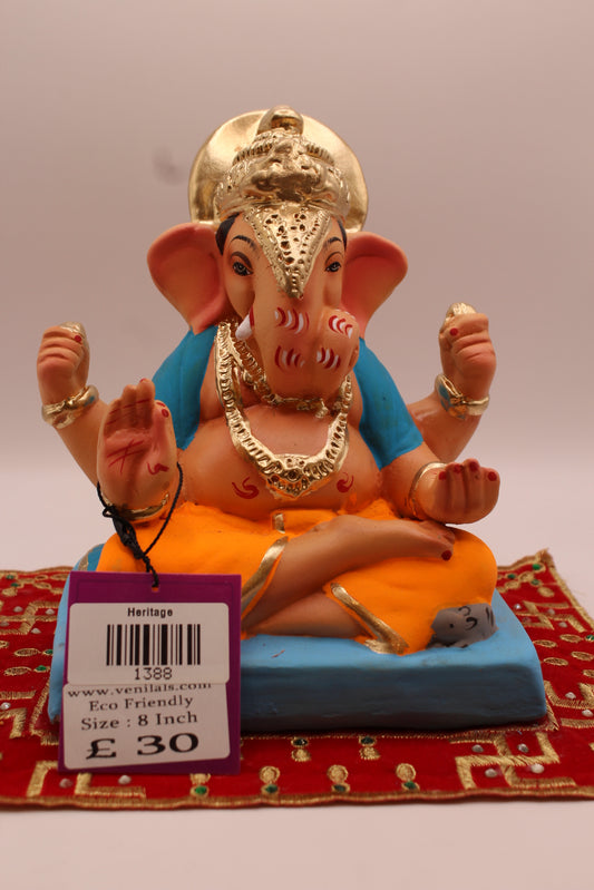8 inch eco-friendly Ganesh idol – sky blue khes and orange dhoti with halo crown, front