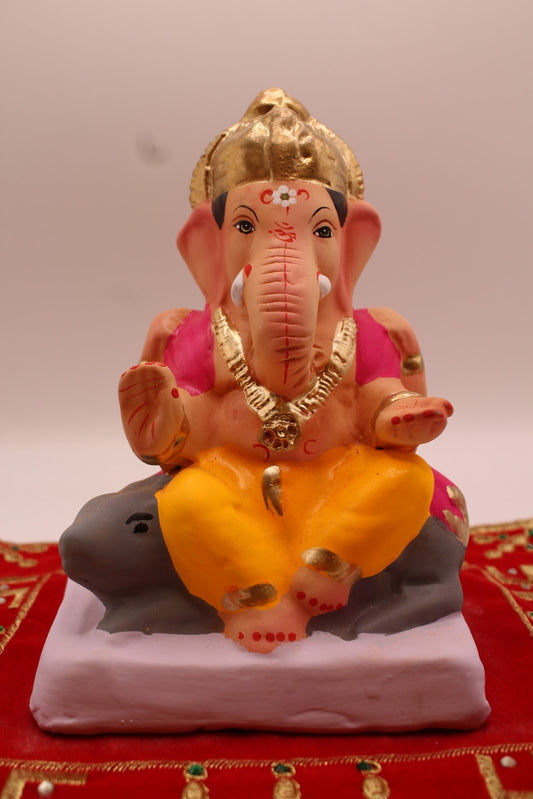 Eco-friendly 6 inch Ganesh idol seated on a mouse, front view