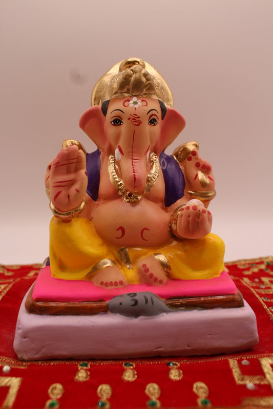 Eco-friendly 6 inch Ganesh idol, violet khes and yellow dhoti, front view