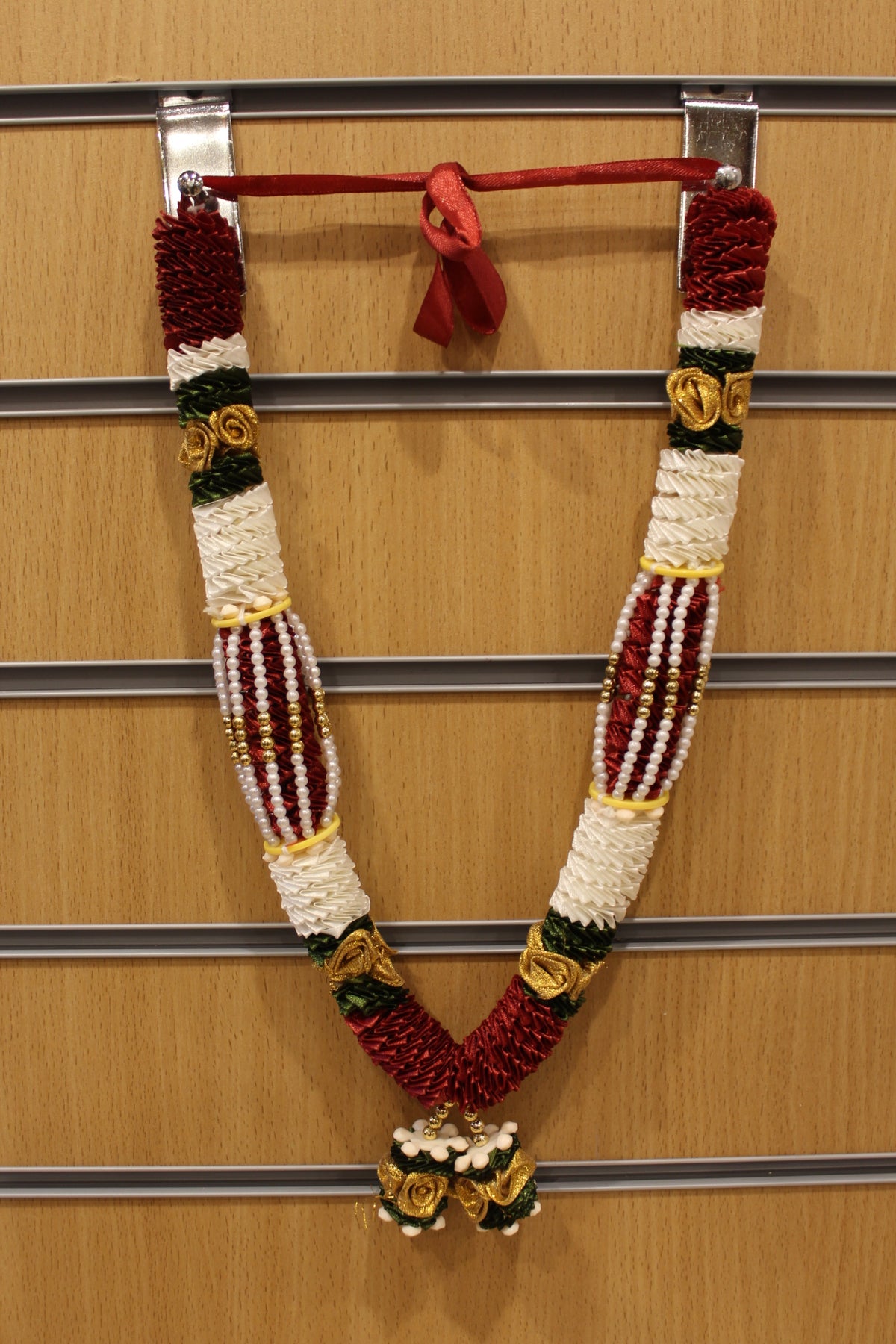 Maroon and white artificial flower garland mala, hanging
