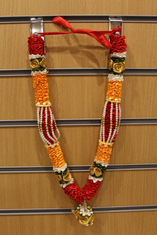 Orange and red artificial flower garland mala, hanging