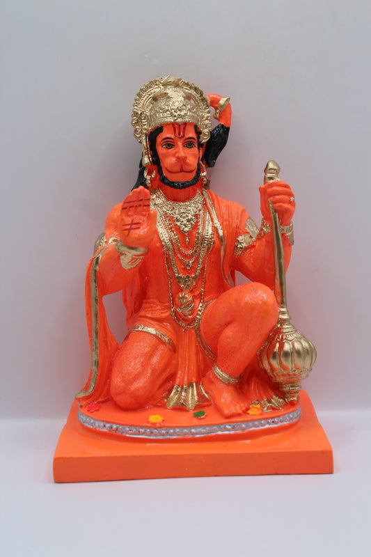 Orange resin Hanuman murti kneeling with gada, front view