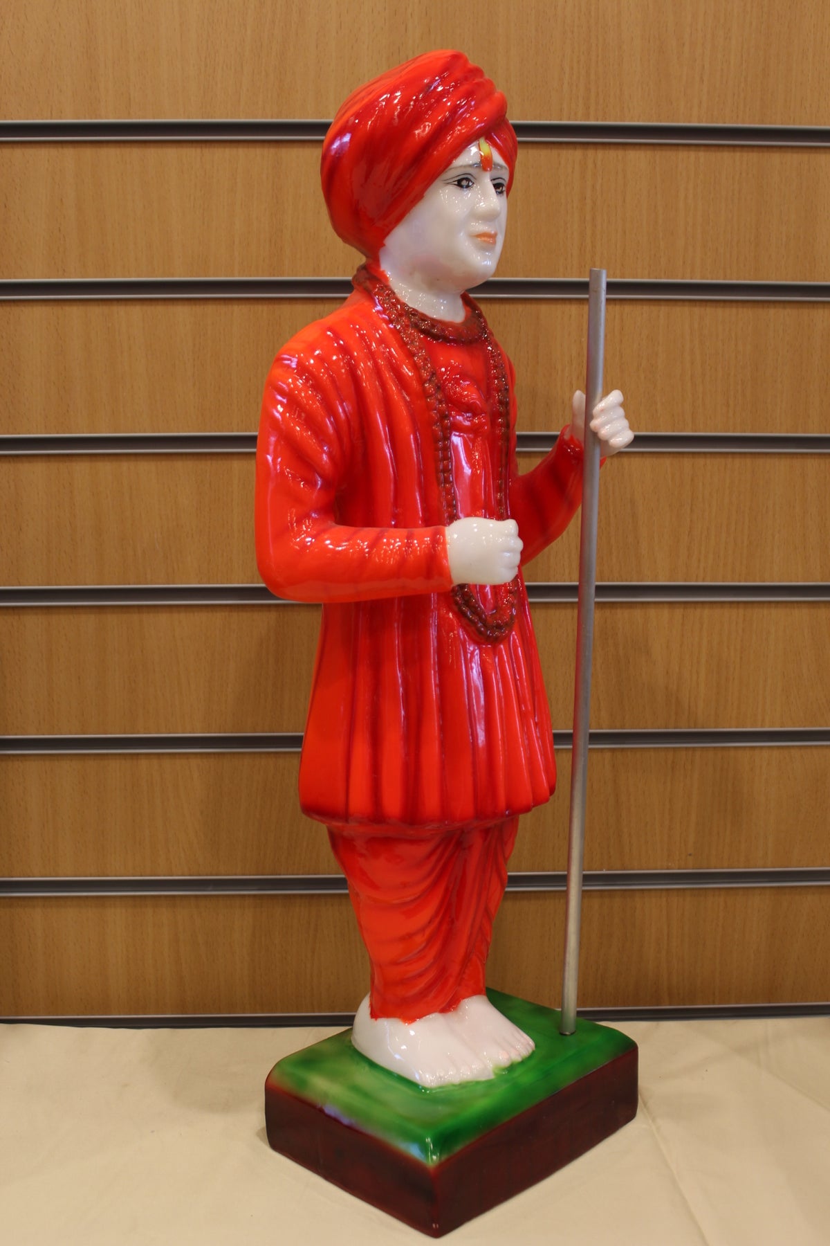Resin/Fibre Jalaram Bapa Statue for Home Temple – Red Robe with Staff, 24 inch – left side view