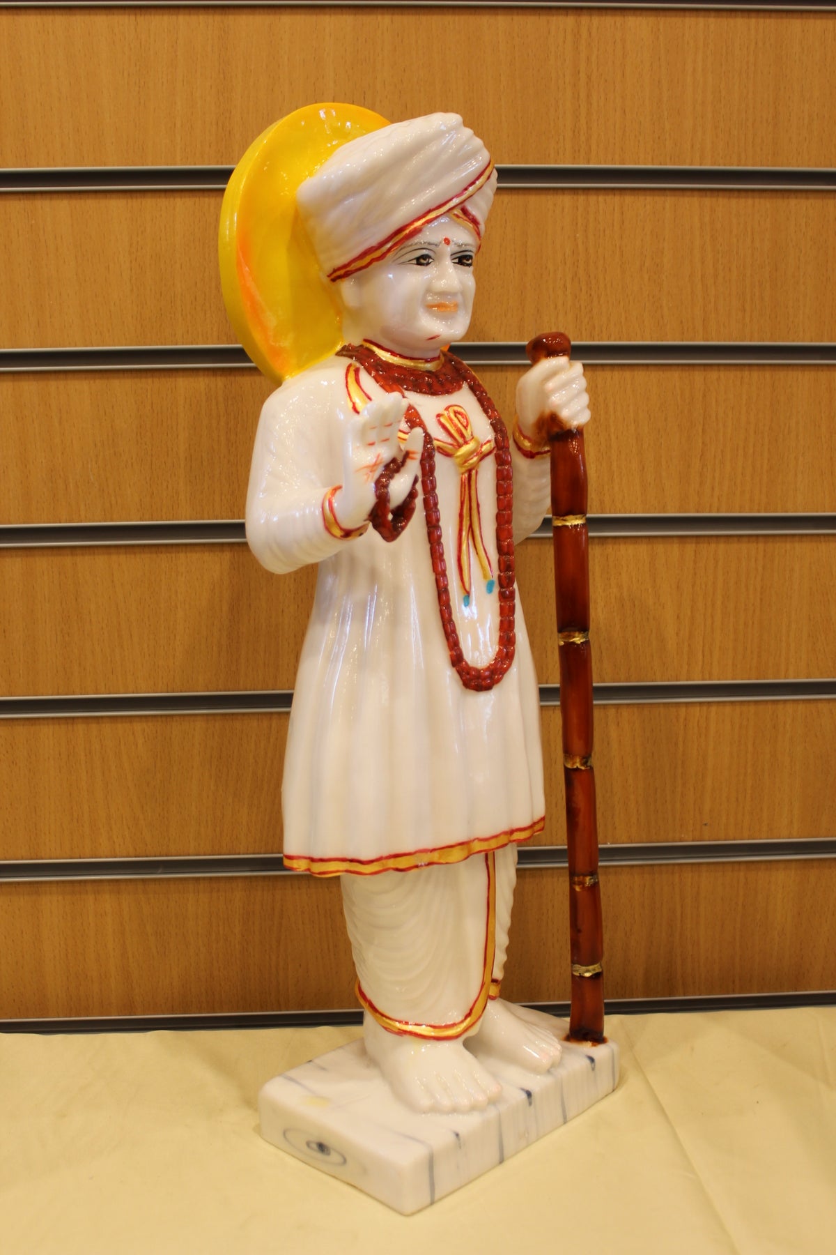 Resin Jalaram Bapa Statue – White with Red Mala, 21 inch – left side view