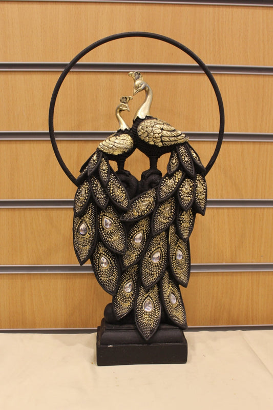 Jewelled Peacock Sculpture with Ring – Black & Gold, 16 inch – front view