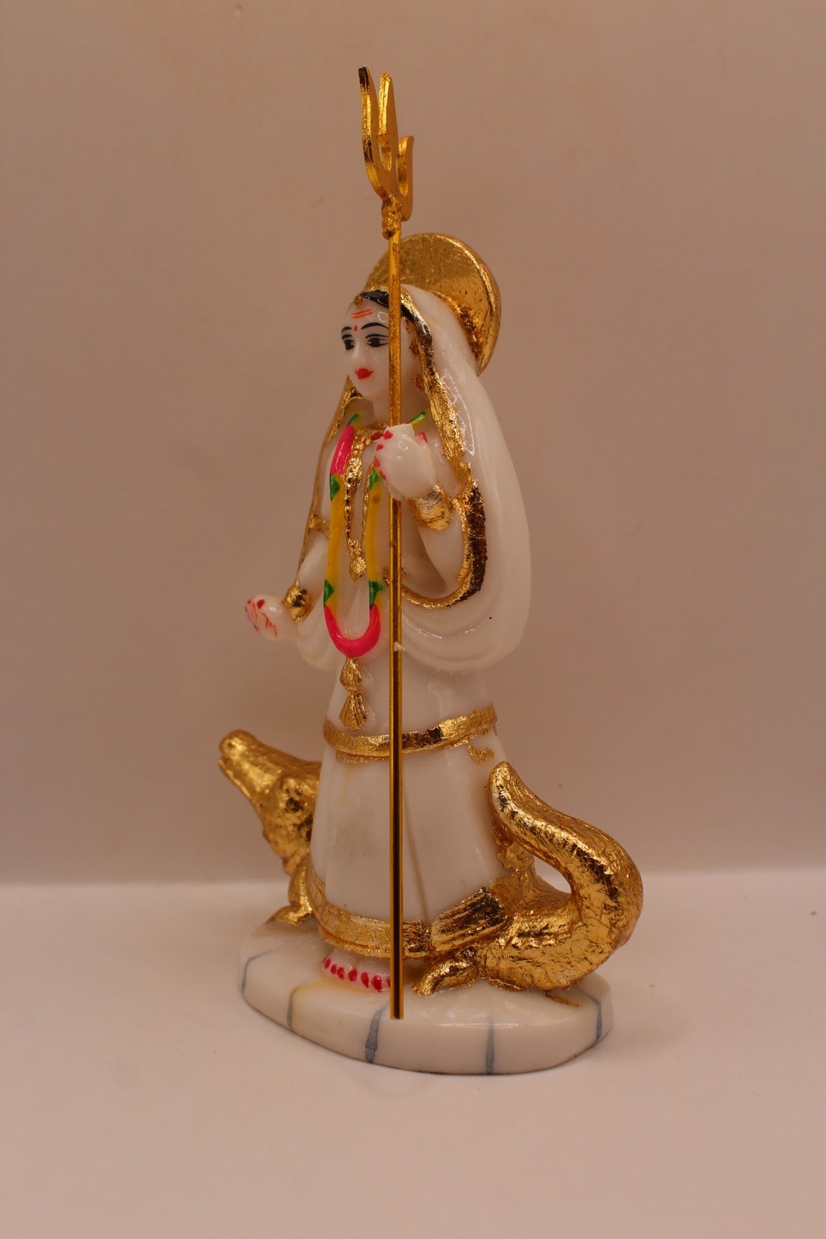 Resin Khodiyar Maa murti standing on a crocodile, right side view