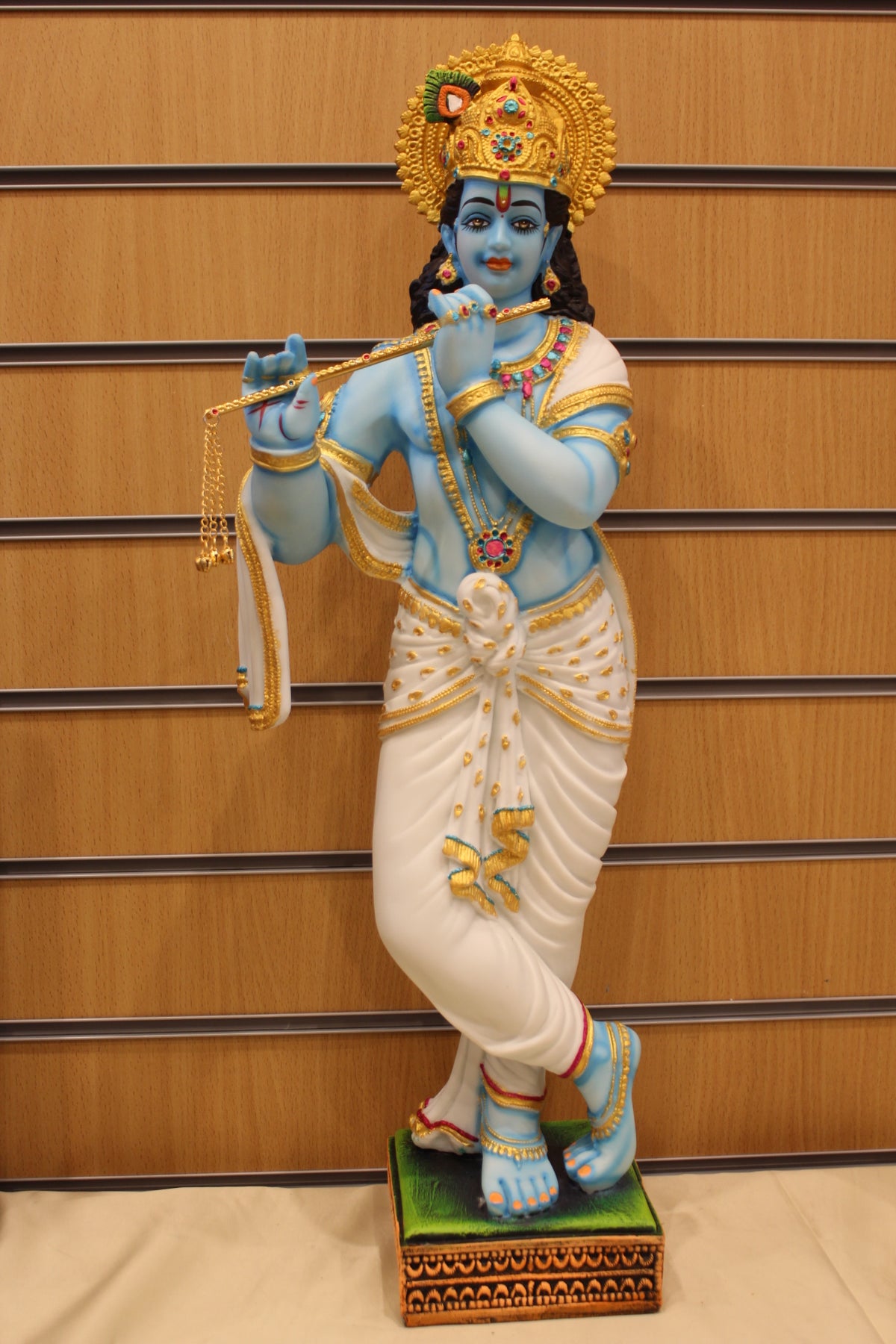 Resin Krishna Statue – Playing Flute, Blue Krishna with White Dhoti, 25 inch – front view
