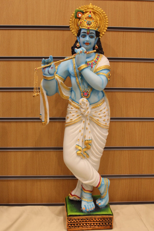 Resin Krishna Statue – Playing Flute, Blue Krishna with White Dhoti, 25 inch – front view