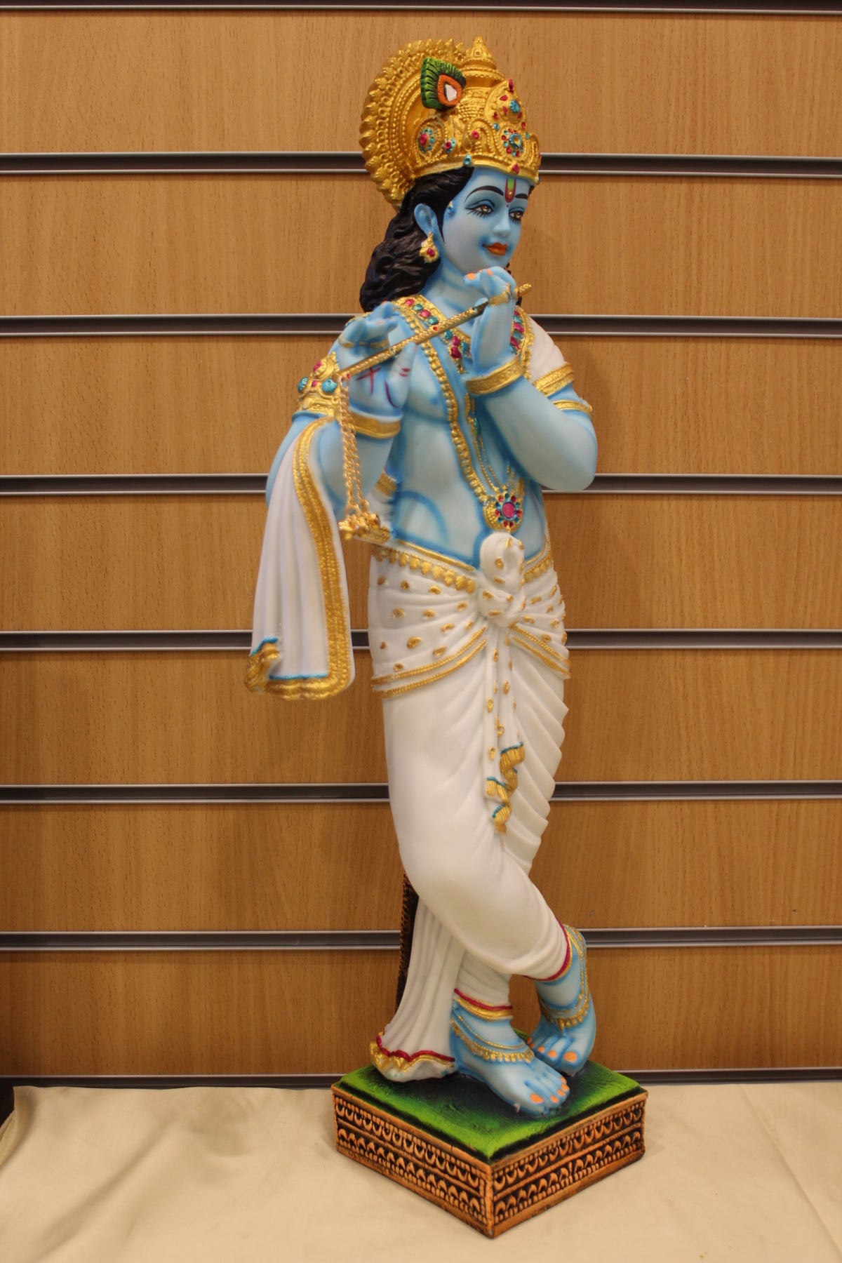 Resin Krishna Statue – Playing Flute, Blue Krishna with White Dhoti, 25 inch – left side view