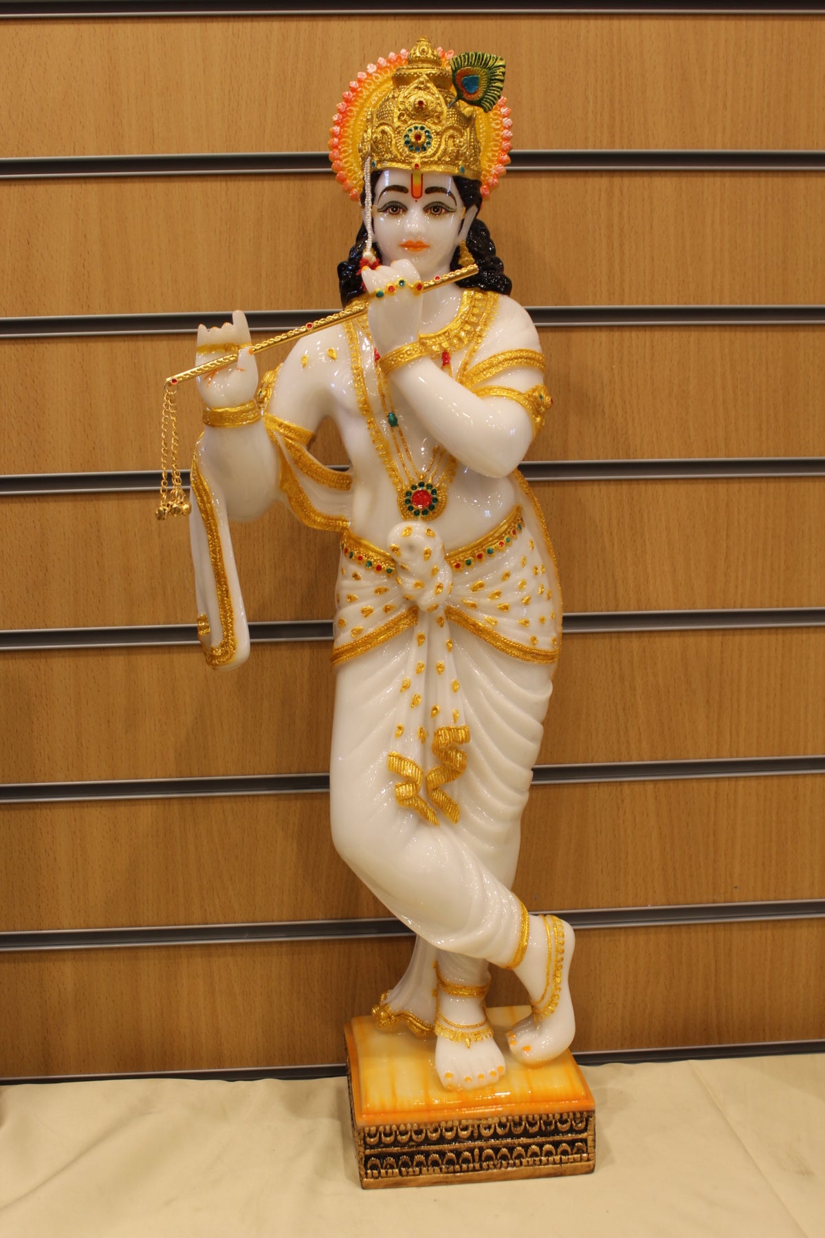 Resin Krishna Statue – Playing Flute, White & Gold, 25 inch – front view