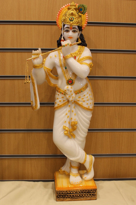 Resin Krishna Statue – Playing Flute, White & Gold, 25 inch – front view