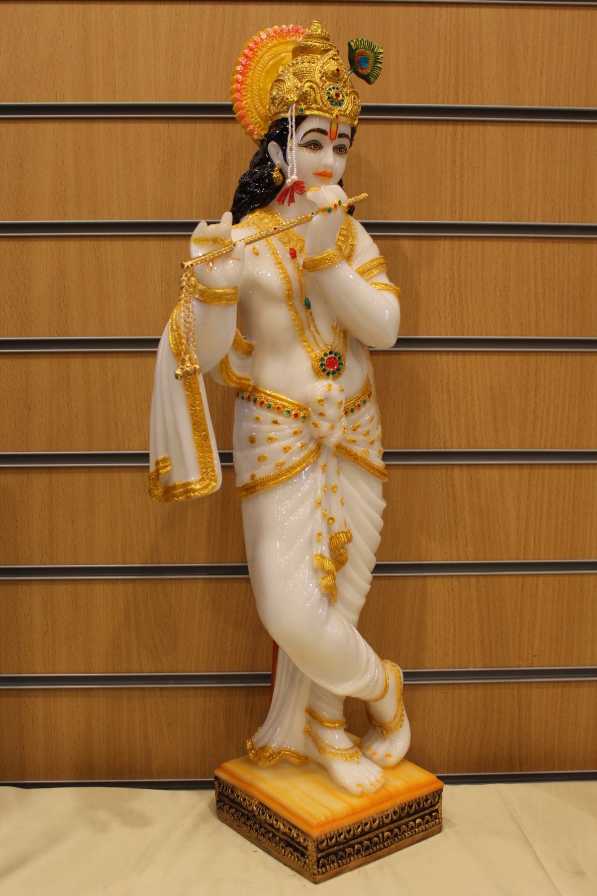 Resin Krishna Statue – Playing Flute, White & Gold, 25 inch – left side view